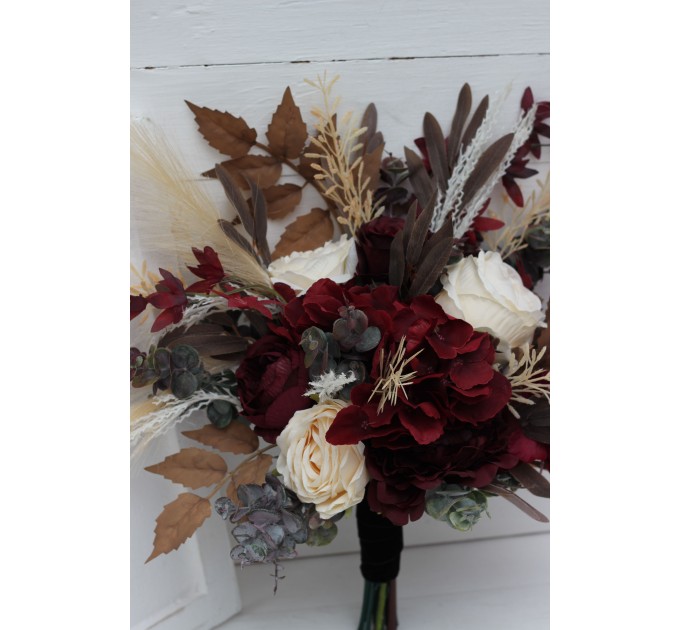 Wedding bouquets in burgundy brown cream colors. Bridal bouquet. Cascading bouquet. Faux bouquet. Bridesmaid bouquet. 0041