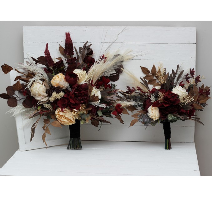 Wedding bouquets in burgundy brown cream colors. Bridal bouquet. Cascading bouquet. Faux bouquet. Bridesmaid bouquet. 0041