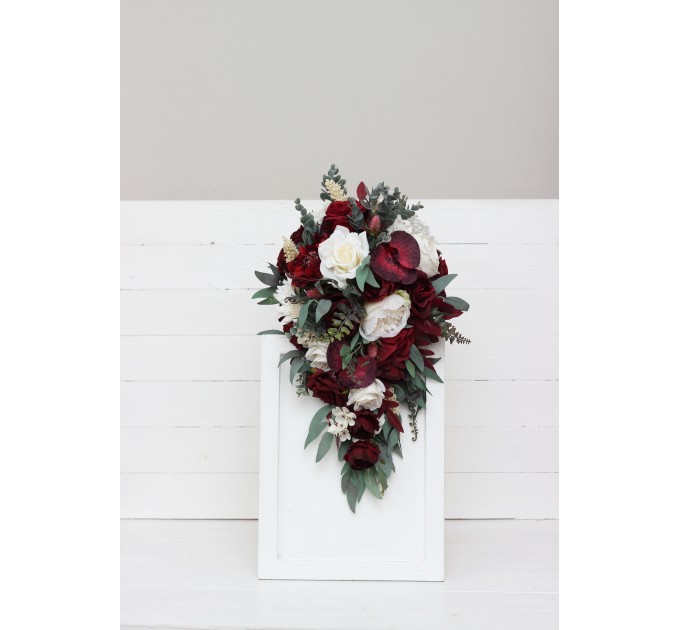 Wedding bouquets in burgundy ivory colors. Bridal bouquet. Cascading bouquet. Faux bouquet. Bridesmaid bouquet. 0040