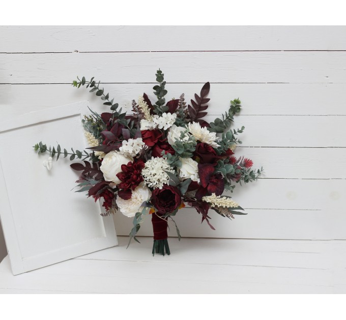 Wedding bouquets in burgundy ivory colors. Bridal bouquet. Cascading bouquet. Faux bouquet. Bridesmaid bouquet. 0040