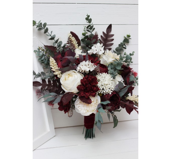 Wedding bouquets in burgundy ivory colors. Bridal bouquet. Cascading bouquet. Faux bouquet. Bridesmaid bouquet. 0040