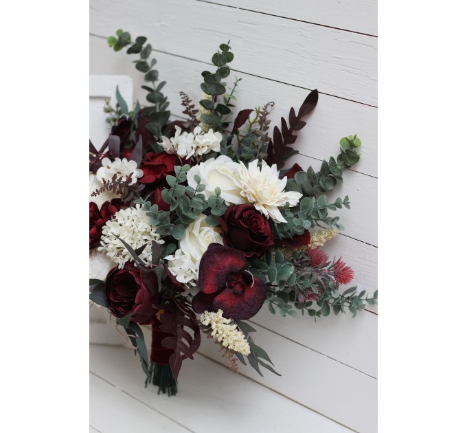 Wedding bouquets in burgundy ivory colors. Bridal bouquet. Cascading bouquet. Faux bouquet. Bridesmaid bouquet. 0040