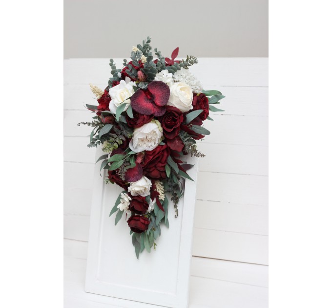 Wedding bouquets in burgundy ivory colors. Bridal bouquet. Cascading bouquet. Faux bouquet. Bridesmaid bouquet. 0040