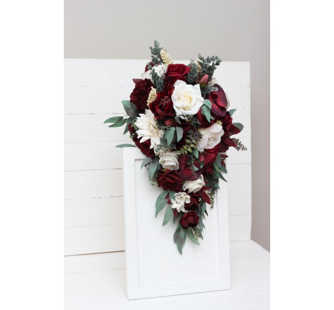 Wedding bouquets in burgundy ivory colors. Bridal bouquet. Cascading bouquet. Faux bouquet. Bridesmaid bouquet. 0040