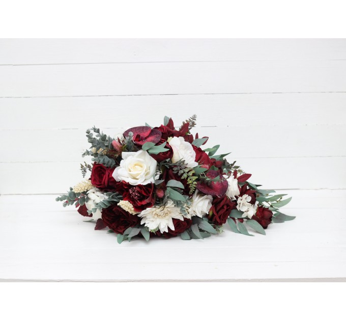 Wedding bouquets in burgundy ivory colors. Bridal bouquet. Cascading bouquet. Faux bouquet. Bridesmaid bouquet. 0040
