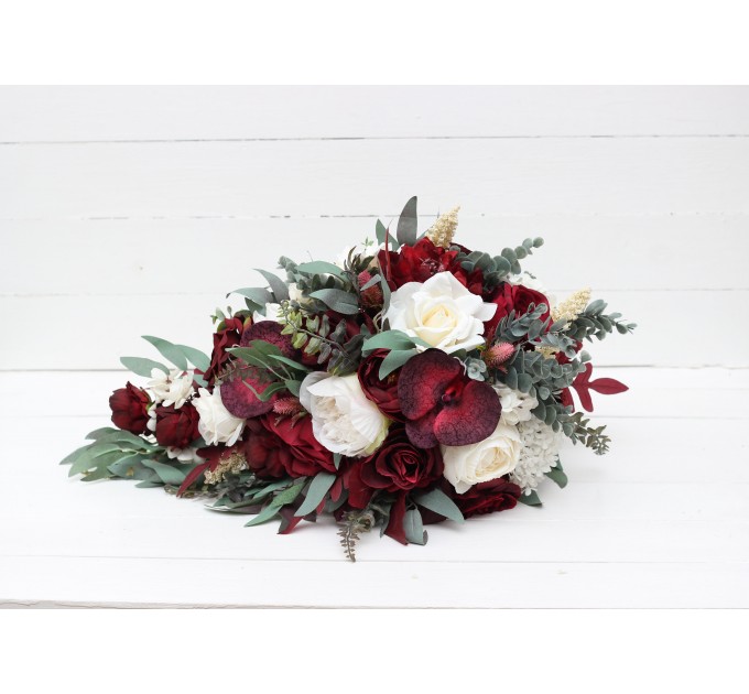 Wedding bouquets in burgundy ivory colors. Bridal bouquet. Cascading bouquet. Faux bouquet. Bridesmaid bouquet. 0040