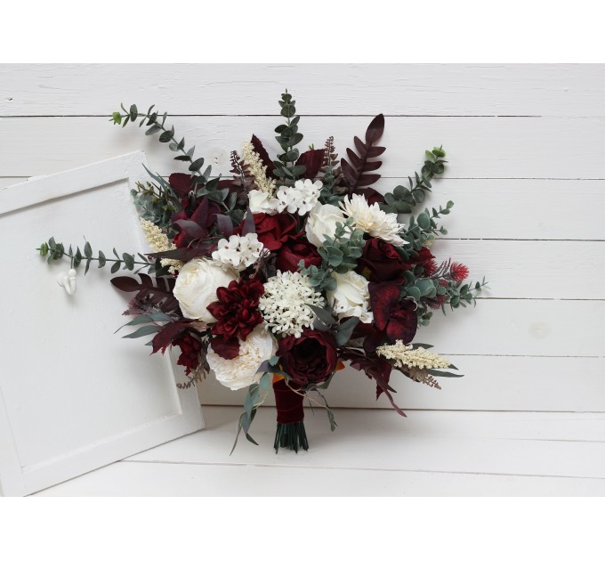Wedding bouquets in burgundy ivory colors. Bridal bouquet. Cascading bouquet. Faux bouquet. Bridesmaid bouquet. 0040