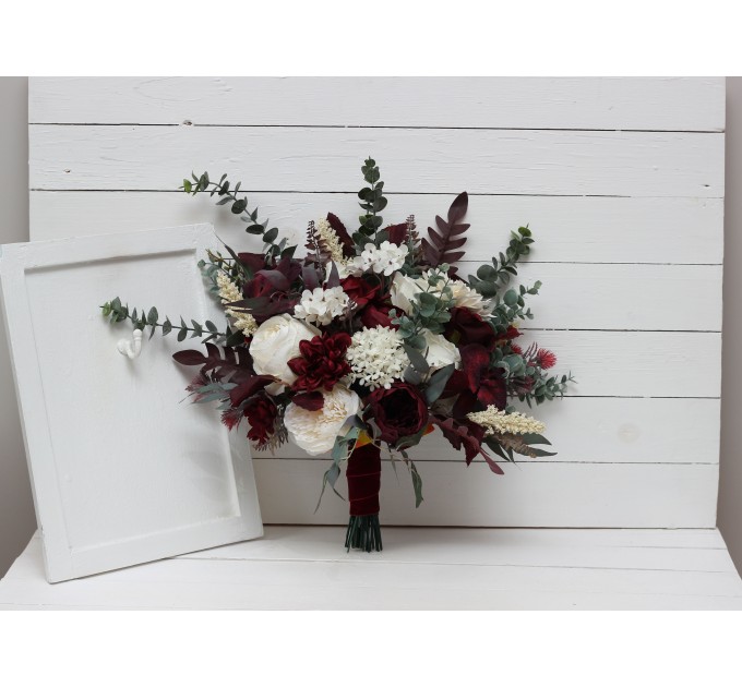 Wedding bouquets in burgundy ivory colors. Bridal bouquet. Cascading bouquet. Faux bouquet. Bridesmaid bouquet. 0040