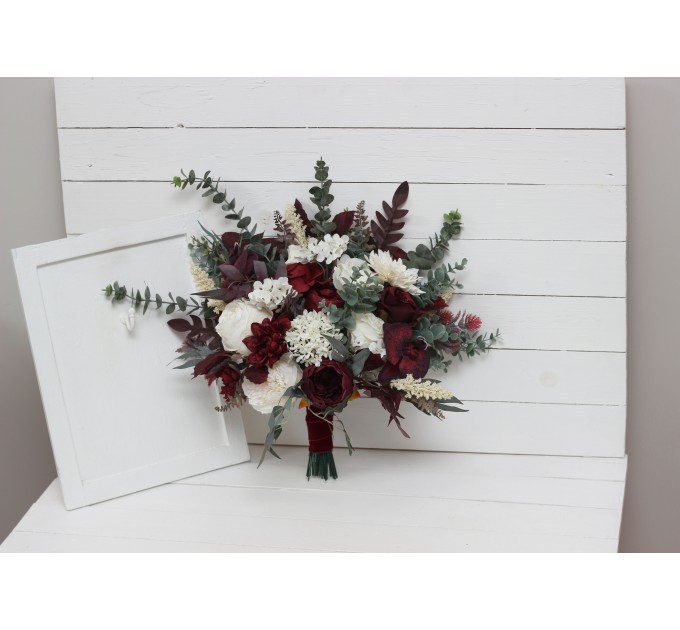Wedding bouquets in burgundy ivory colors. Bridal bouquet. Cascading bouquet. Faux bouquet. Bridesmaid bouquet. 0040