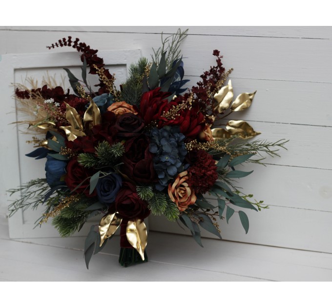 Wedding bouquets in burgundy navy blue gold colors. Bridal bouquet. Cascading bouquet. Faux bouquet. Bridesmaid bouquet. 0031