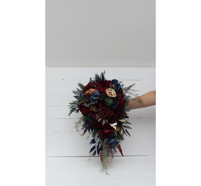 Wedding bouquets in burgundy navy blue gold colors. Bridal bouquet. Cascading bouquet. Faux bouquet. Bridesmaid bouquet. 0031