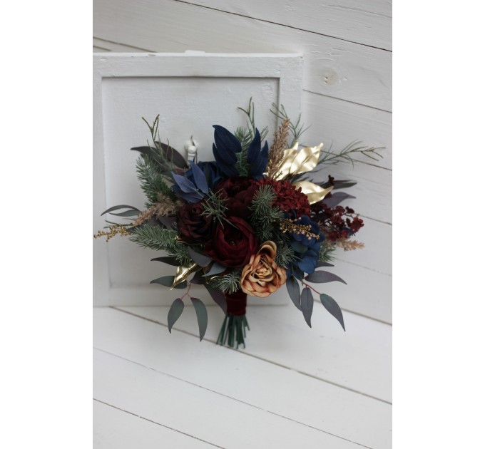 Wedding bouquets in burgundy navy blue gold colors. Bridal bouquet. Cascading bouquet. Faux bouquet. Bridesmaid bouquet. 0031