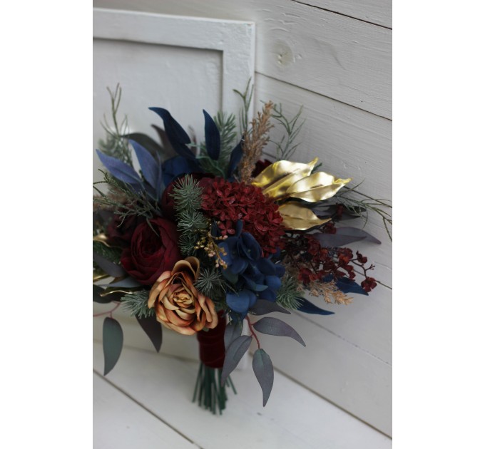 Wedding bouquets in burgundy navy blue gold colors. Bridal bouquet. Cascading bouquet. Faux bouquet. Bridesmaid bouquet. 0031