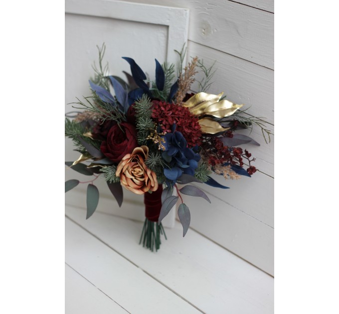 Wedding bouquets in burgundy navy blue gold colors. Bridal bouquet. Cascading bouquet. Faux bouquet. Bridesmaid bouquet. 0031