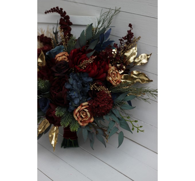 Wedding bouquets in burgundy navy blue gold colors. Bridal bouquet. Cascading bouquet. Faux bouquet. Bridesmaid bouquet. 0031