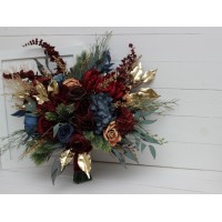 Wedding bouquets in burgundy navy blue gold colors. Bridal bouquet. Cascading bouquet. Faux bouquet. Bridesmaid bouquet. 0031