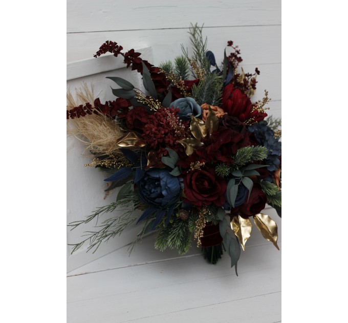 Wedding bouquets in burgundy navy blue gold colors. Bridal bouquet. Cascading bouquet. Faux bouquet. Bridesmaid bouquet. 0031