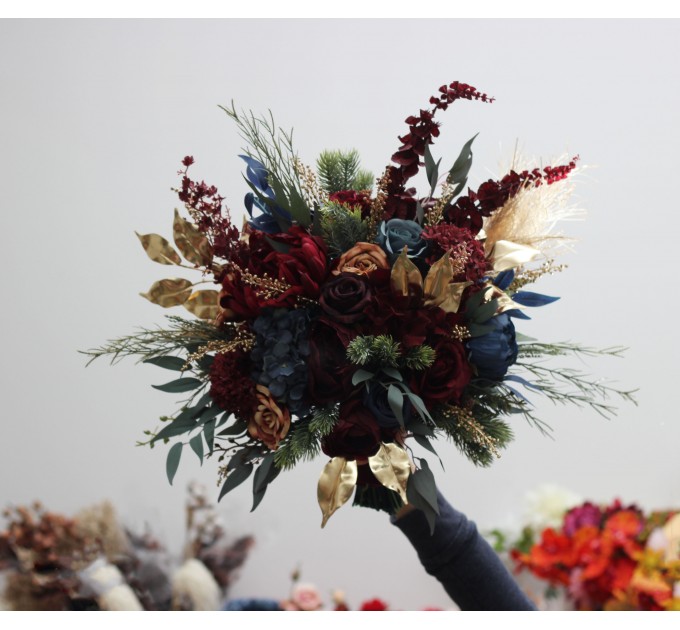 Wedding bouquets in burgundy navy blue gold colors. Bridal bouquet. Cascading bouquet. Faux bouquet. Bridesmaid bouquet. 0031