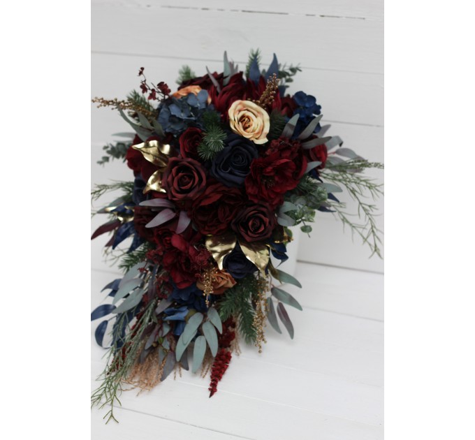 Wedding bouquets in burgundy navy blue gold colors. Bridal bouquet. Cascading bouquet. Faux bouquet. Bridesmaid bouquet. 0031