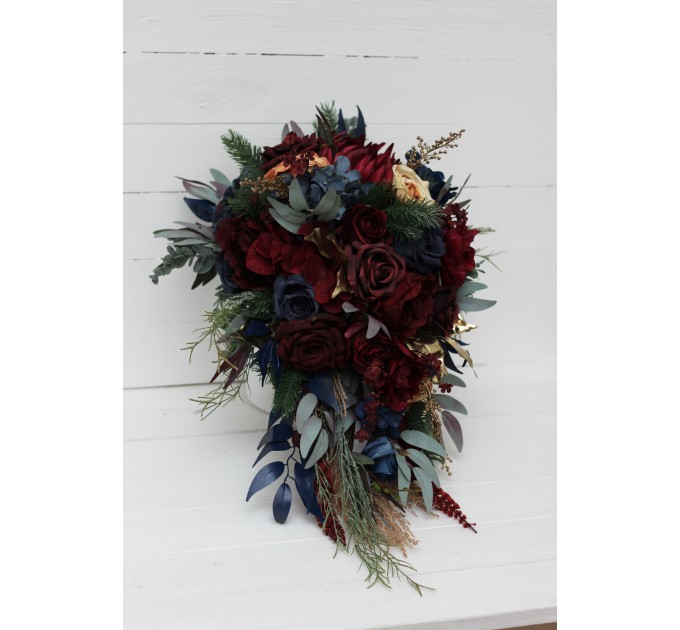 Wedding bouquets in burgundy navy blue gold colors. Bridal bouquet. Cascading bouquet. Faux bouquet. Bridesmaid bouquet. 0031