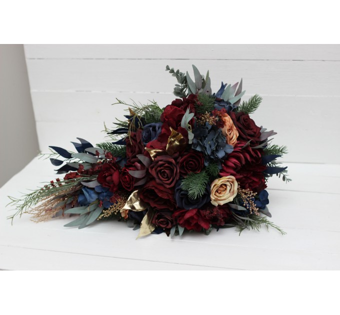Wedding bouquets in burgundy navy blue gold colors. Bridal bouquet. Cascading bouquet. Faux bouquet. Bridesmaid bouquet. 0031