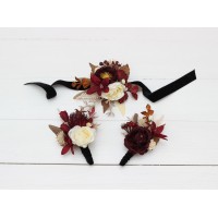  Wedding boutonnieres and wrist corsage  in burgundy brown cream color theme. Flower accessories. 0041