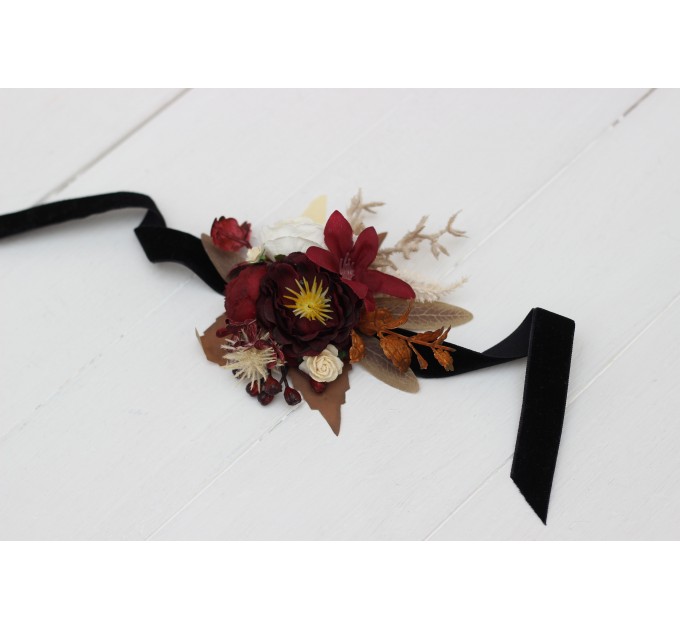  Wedding boutonnieres and wrist corsage  in burgundy brown cream color theme. Flower accessories. 0041