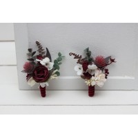  Wedding boutonnieres and wrist corsage  in burgundy ivory color theme. Flower accessories. 0040