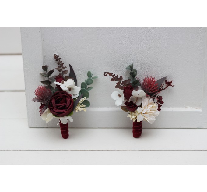 Wedding Boutonnieres & Wrist Corsage in Burgundy & Ivory | Faux Flower Accessories