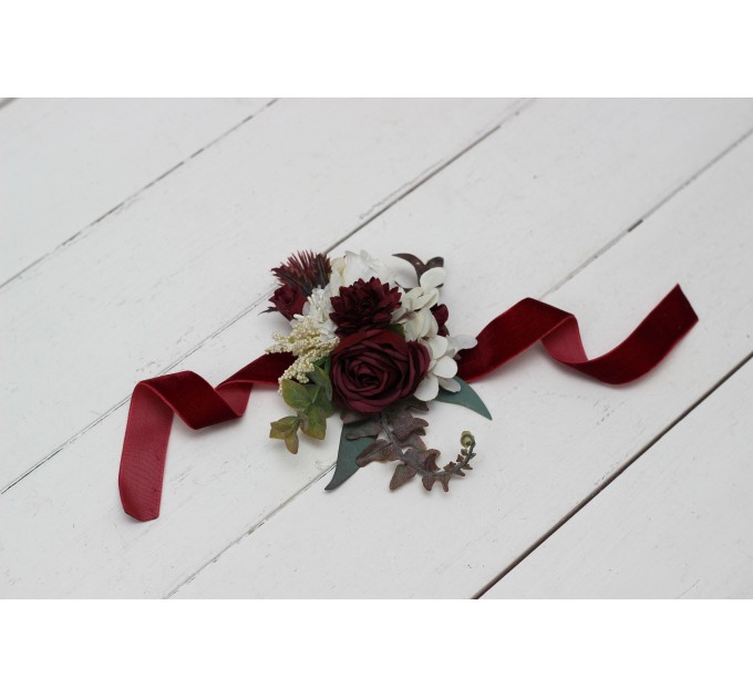 Wedding Boutonnieres & Wrist Corsage in Burgundy & Ivory | Faux Flower Accessories