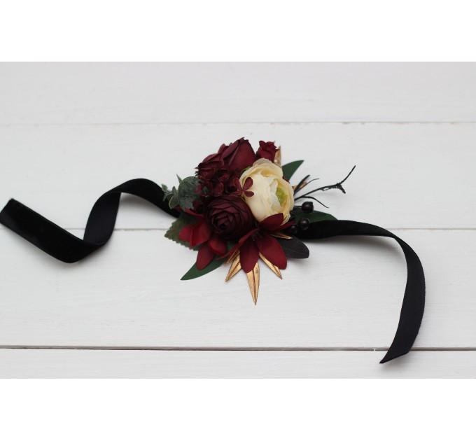  Wedding boutonnieres and wrist corsage  inBurgundy black gold ivory color theme. Flower accessories. 0032