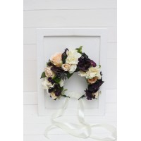 Large flower crown in purple pink and ivory with black berries. Hair wreath. Wedding flowers. 5382