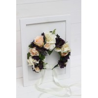 Large flower crown in purple pink and ivory with black berries. Hair wreath. Wedding flowers. 5382