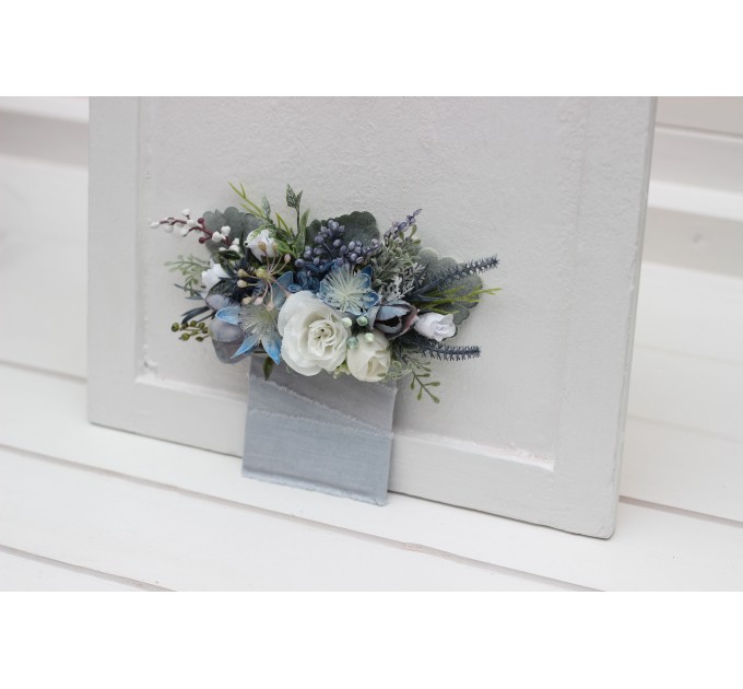 Pocket Boutonniere in Dusty Blue & White | Faux Flower Accessories