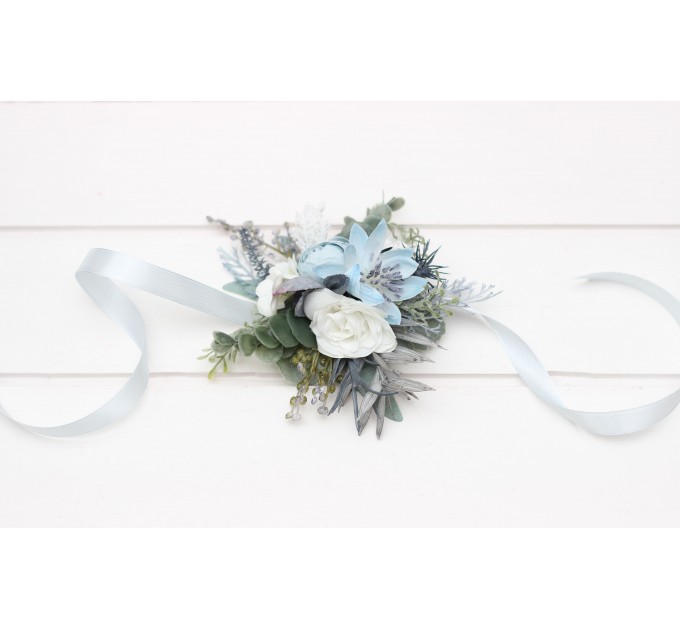 Wedding Wrist Corsage in Dusty Blue & White | Faux Flower Accessories