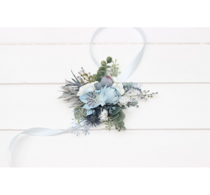 Wedding Wrist Corsage in Dusty Blue & White | Faux Flower Accessories