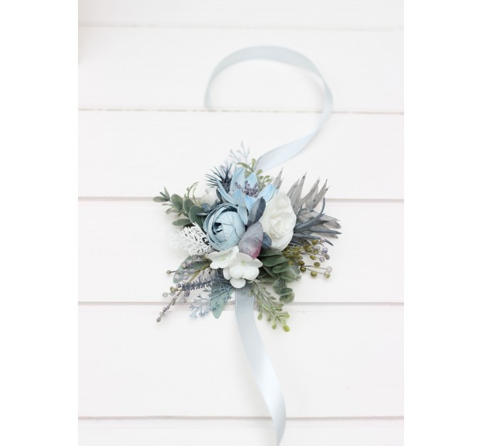 Wedding Wrist Corsage in Dusty Blue & White | Faux Flower Accessories
