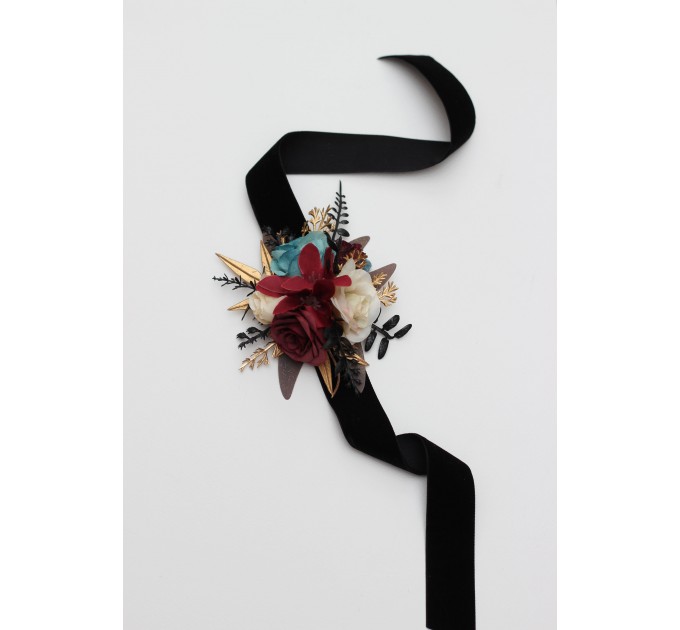 Wedding Boutonnieres & Wrist Corsage in Dark Teal, Burgundy, Black & Cream | Faux Flower Accessories