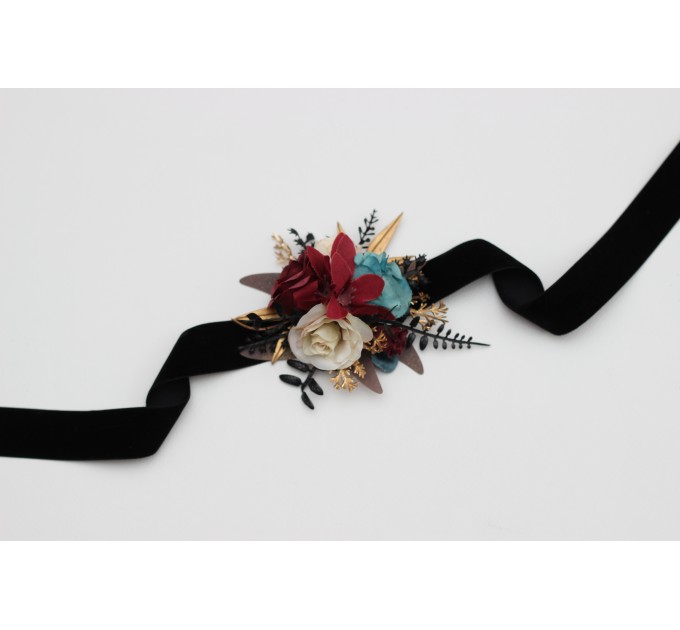 Wedding Boutonnieres & Wrist Corsage in Dark Teal, Burgundy, Black & Cream | Faux Flower Accessories