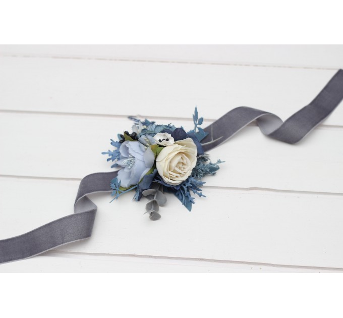 Wedding Boutonnieres & Wrist Corsage in Dusty Blue, White, Ivory & Gray | Faux Flower Accessories
