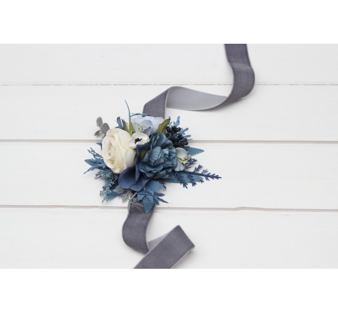 Wedding Boutonnieres & Wrist Corsage in Dusty Blue, White, Ivory & Gray | Faux Flower Accessories