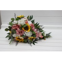 Cascade bridal bouquet with sunflowers in dusty rose, white, yellow and silver colors. Bridesmaid bouquet. Artificial wedding arrangement. 5384