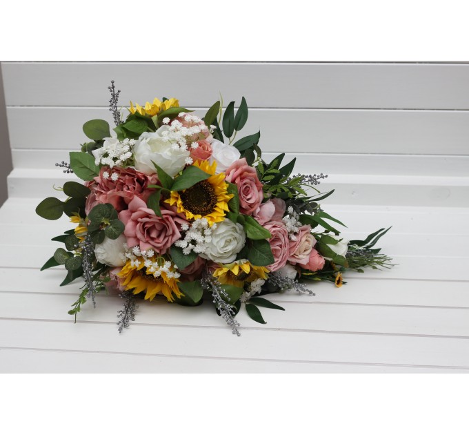 Cascade Bridal Bouquet with Sunflowers in Dusty Rose, White, Yellow & Silver | Artificial Wedding Flowers