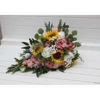 Cascade bridal bouquet with sunflowers in dusty rose, white, yellow and silver colors. Bridesmaid bouquet. Artificial wedding arrangement. 5384
