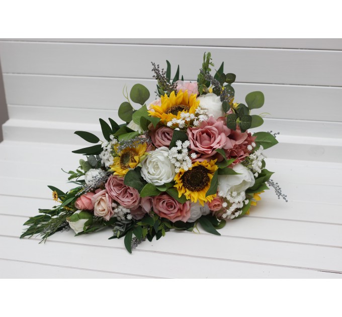 Cascade Bridal Bouquet with Sunflowers in Dusty Rose, White, Yellow & Silver | Artificial Wedding Flowers