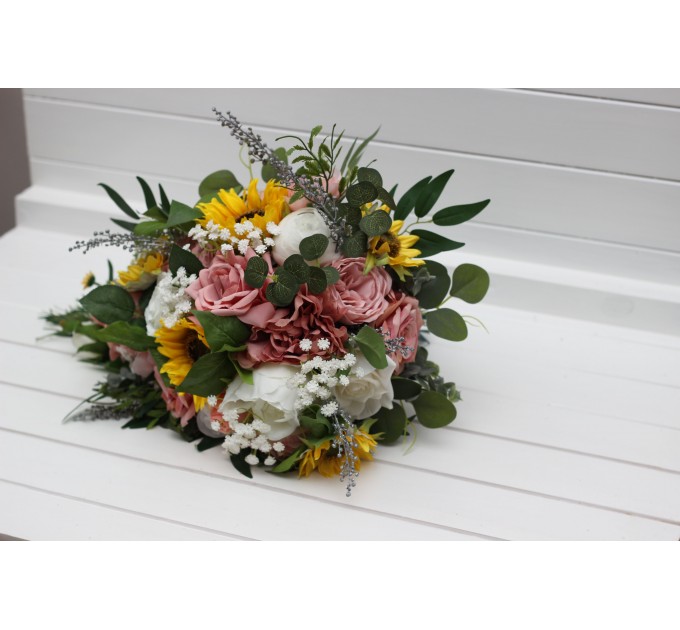 Cascade Bridal Bouquet with Sunflowers in Dusty Rose, White, Yellow & Silver | Artificial Wedding Flowers
