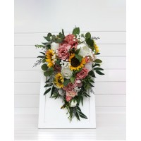 Cascade bridal bouquet with sunflowers in dusty rose, white, yellow and silver colors. Bridesmaid bouquet. Artificial wedding arrangement. 5384