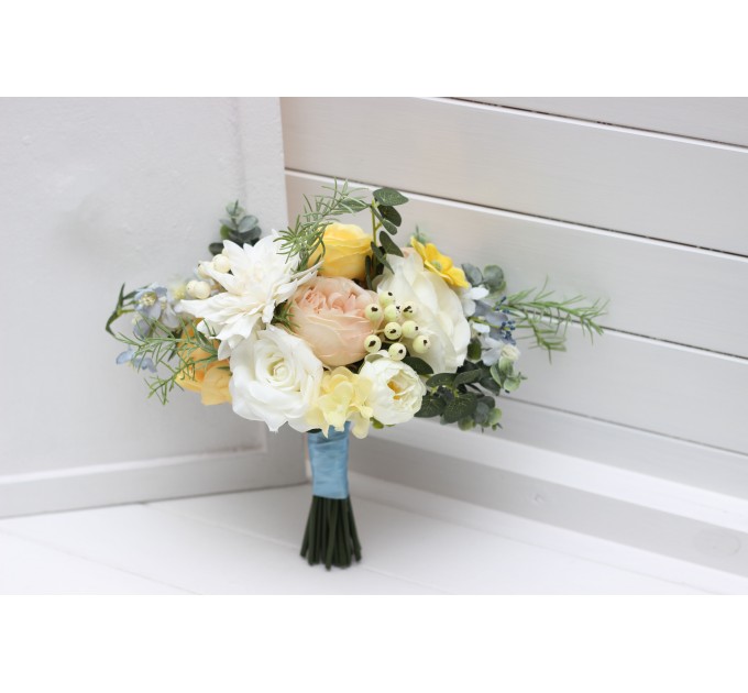 Spring & Summer Wedding Bouquets in Peach, Yellow & Dusty Blue | Faux Cascading Bridal & Bridesmaid Bouquets