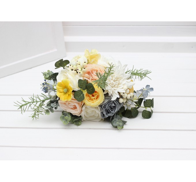 Spring & Summer Wedding Bouquets in Peach, Yellow & Dusty Blue | Faux Cascading Bridal & Bridesmaid Bouquets