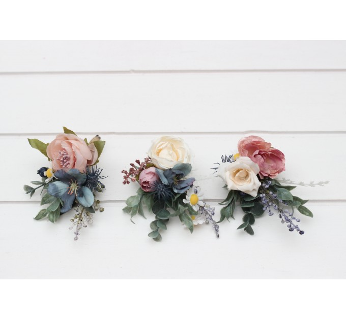 Wedding Boutonnieres & Wrist Corsages in Dusty Mauve, Dusty Blue & Ivory